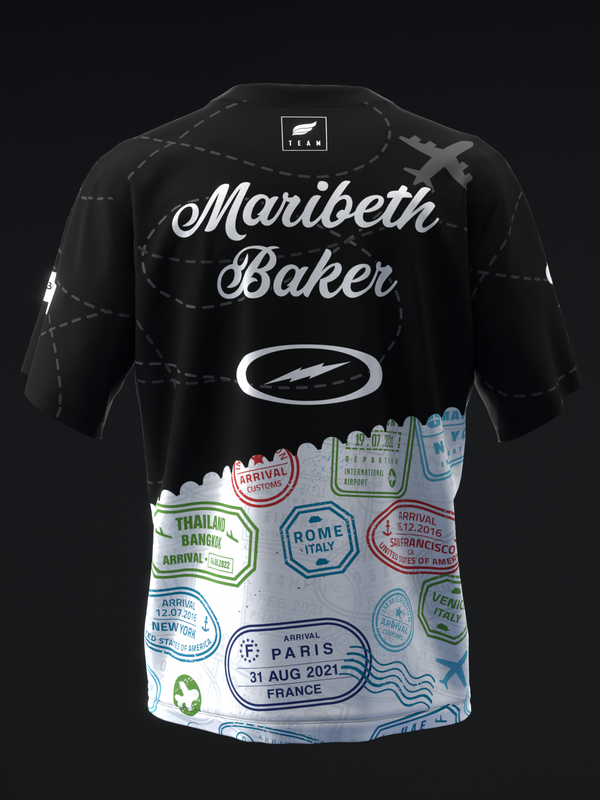 Black bowling jersey with Maribeth Baker name and travel stamp graphic design