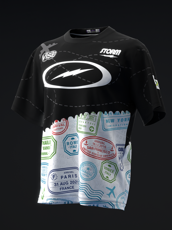 Black bowling jersey with white logo and colorful travel stamp graphics on white panel