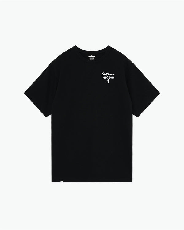 Black short-sleeve t-shirt with small script text graphic on front chest