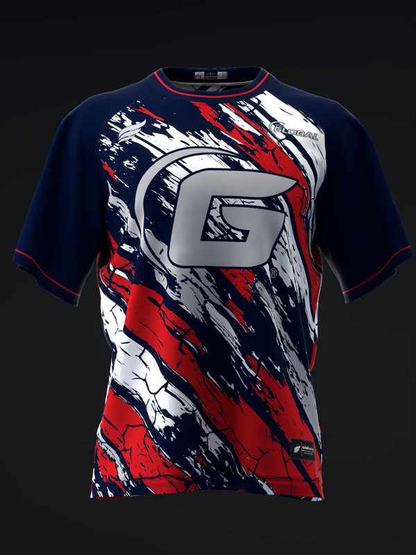 Navy blue bowling jersey with red and white splatter design and gray logo patch