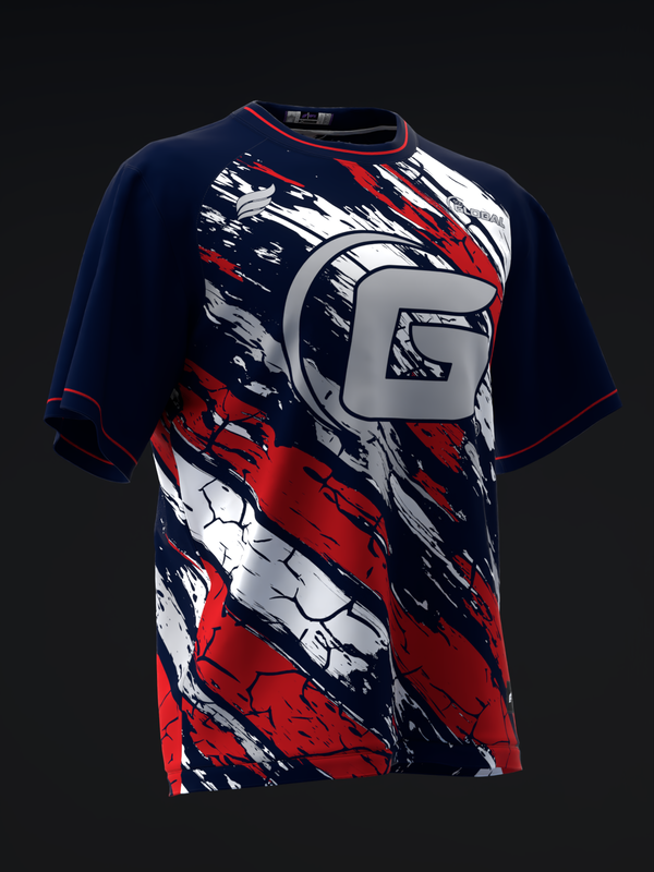 Navy bowling jersey with red, white, and gray abstract brushstroke graphic, front view