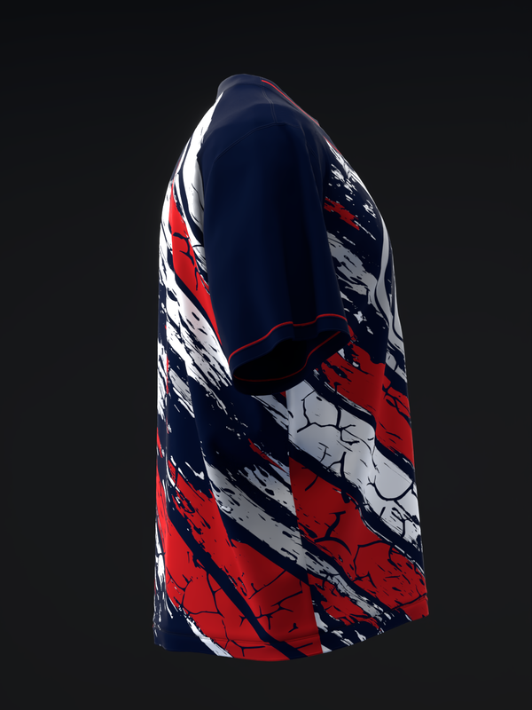 Navy bowling jersey with red and white diagonal striped pattern, side view