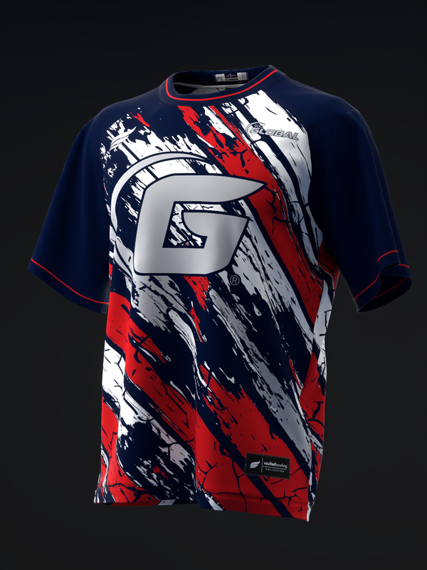 Navy and red bowling jersey with white abstract graphic and logo on front
