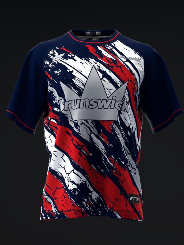 Brunswick bowling jersey with red, navy, and white paint stroke graphic design