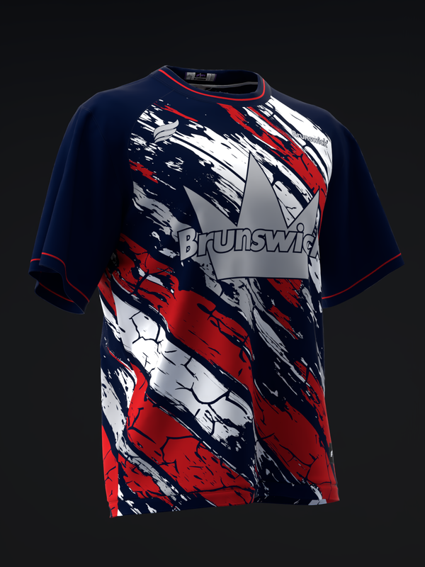 Navy bowling jersey with red, white, and black brushstroke design front view