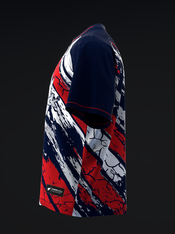 Navy, red, and white bowling jersey with abstract crackle pattern design