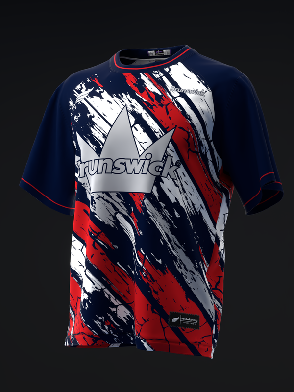Navy bowling jersey with red, white, and black abstract brushstroke design and Brunswick logo
