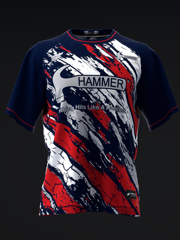 Navy bowling jersey with red, white, and black abstract graphic and Hammer branding, front view