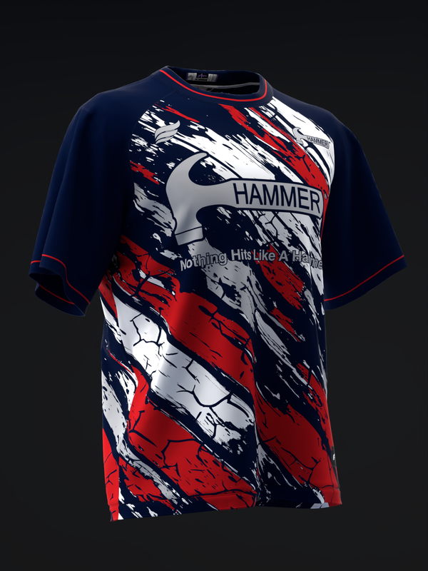 Navy bowling jersey with red, white, and black abstract graphic and Hammer logo