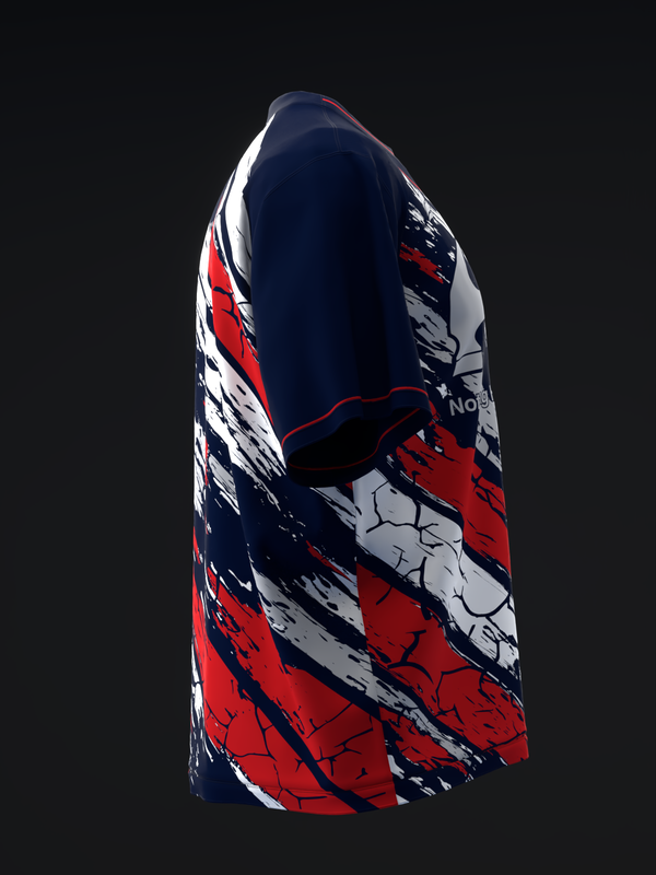 Navy, red, and white bowling jersey with diagonal crackle graphic design
