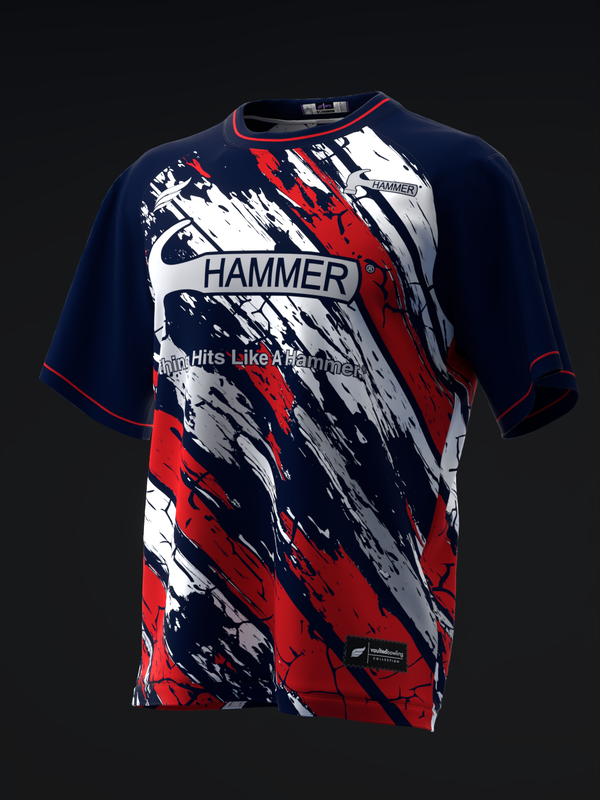 Navy bowling jersey with red, white, and black brush stroke design and Hammer logo