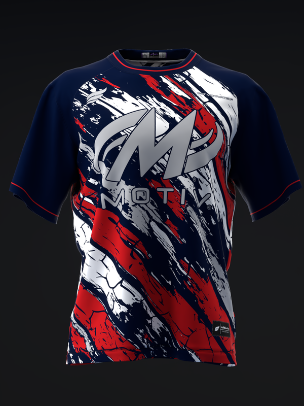 Navy bowling jersey with red, white, and black abstract graphic design front view