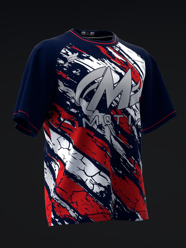 Navy bowling jersey with red, white, and abstract brush stroke graphic design