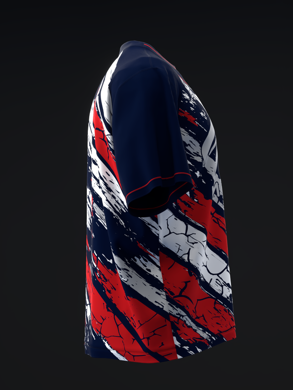 Navy, red, and white bowling jersey with diagonal crackle pattern, side view