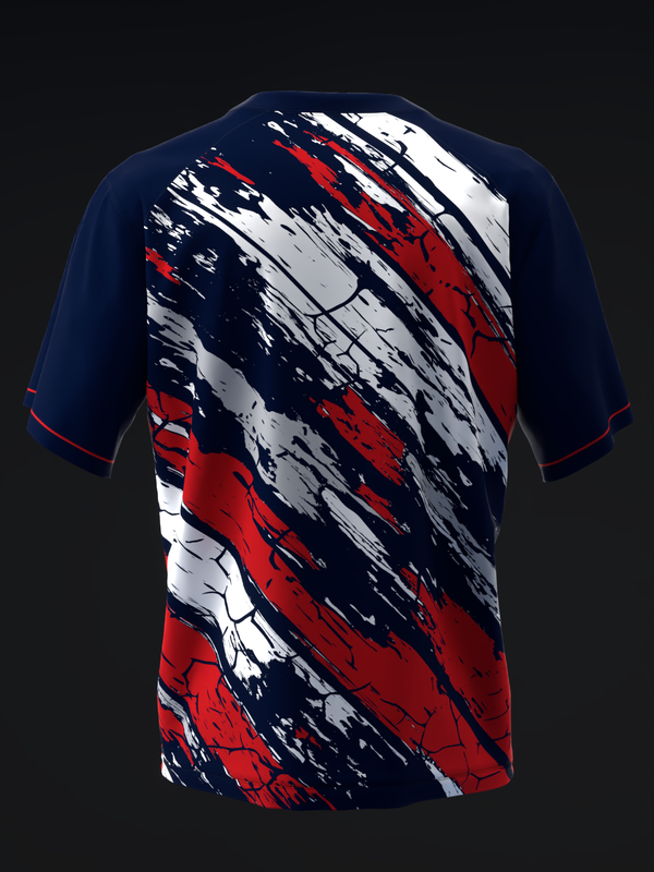 Navy bowling jersey with diagonal red, white, and black brush stroke design