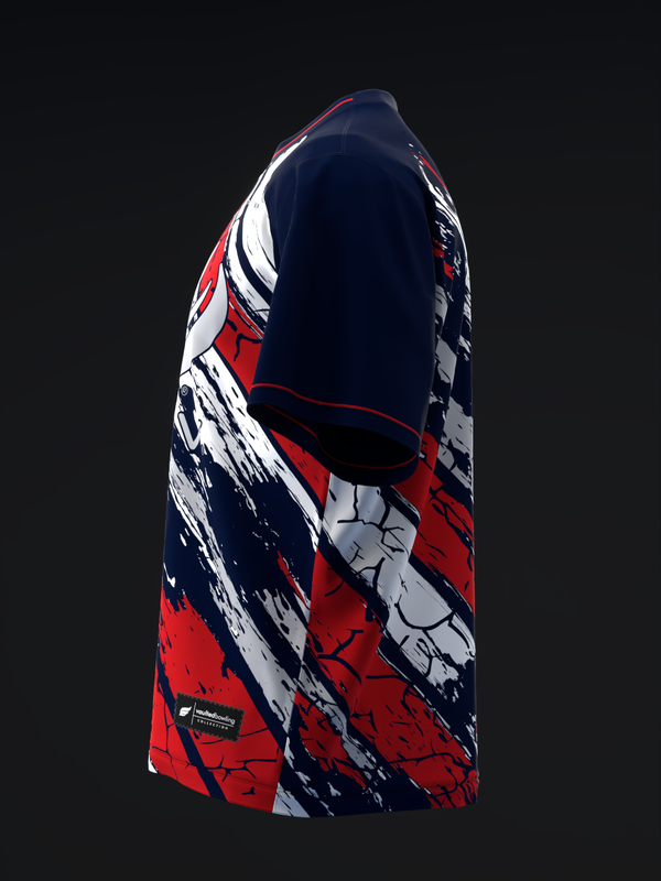 Bowling jersey with red, navy, and white abstract splatter pattern design