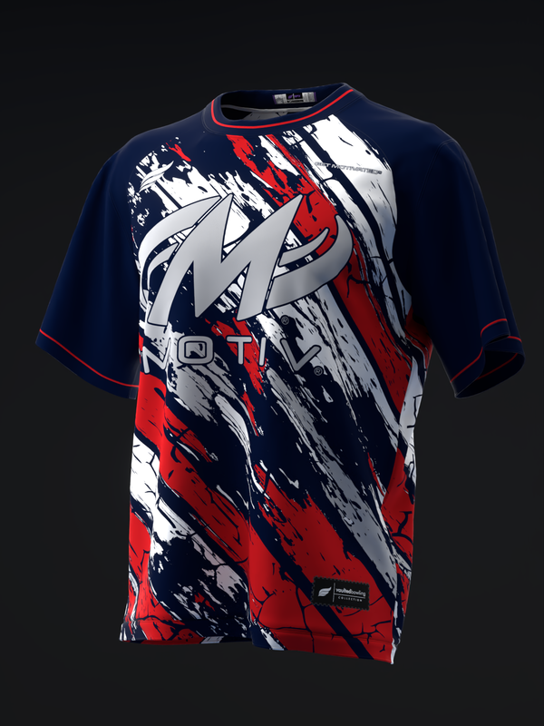 Navy bowling jersey with red, white, and black abstract graphic design front view