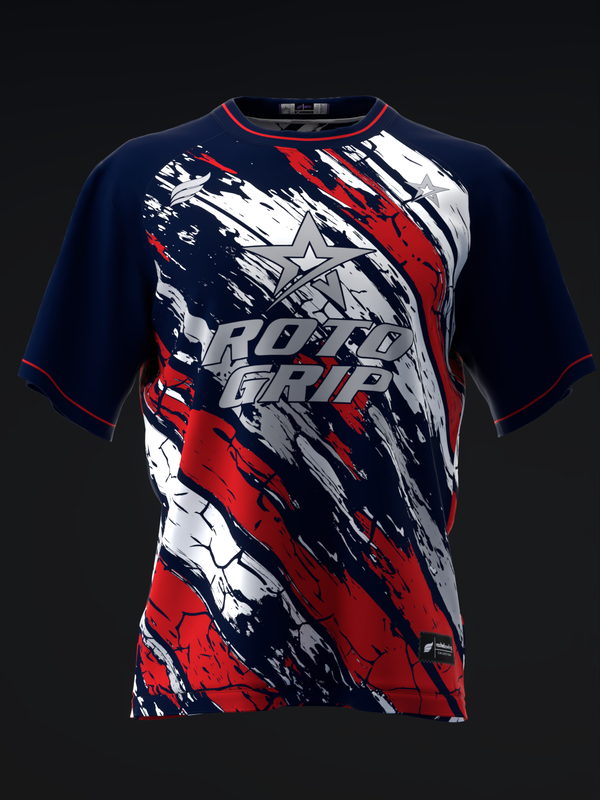 Navy bowling jersey with red, white, and gray diagonal brush stroke design and Roto Grip logo, front view