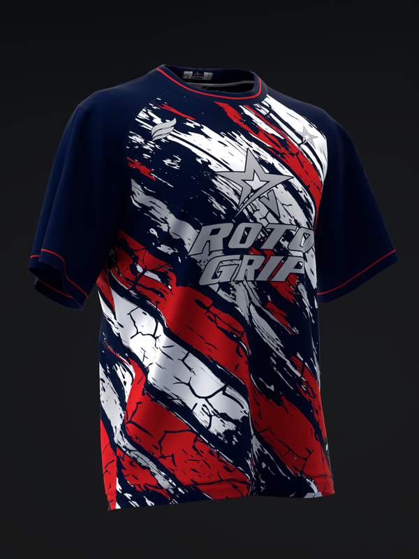 Navy blue bowling jersey with red, white, and gray brushstroke design and Roto Grip logo