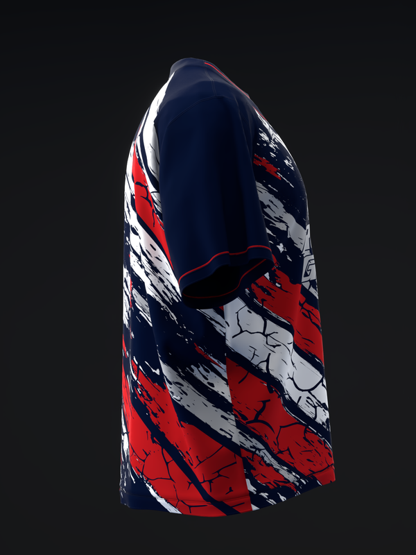 Navy bowling jersey with red and white diagonal striped graphic pattern, side view