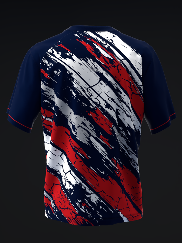 Navy bowling jersey with diagonal red and white brushstroke graphic design