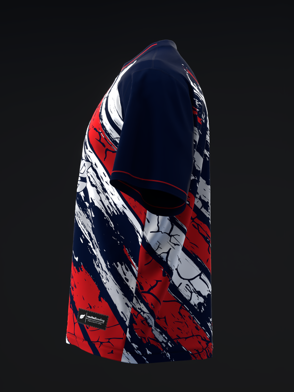 Navy, red, and white bowling jersey with abstract crackle pattern, side view