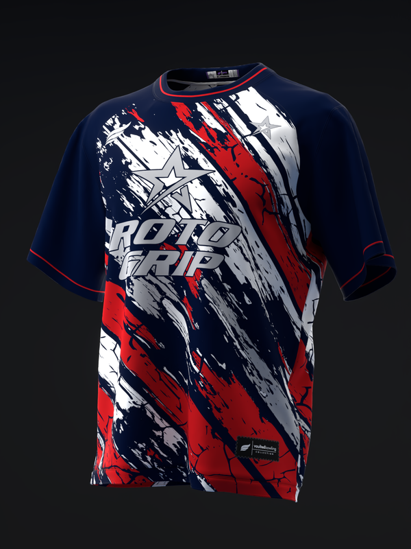 Navy bowling jersey with red, white, and black abstract graphic and Roto Grip text