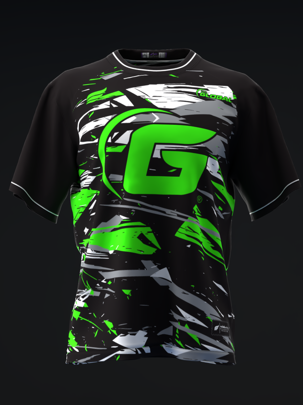 Black bowling jersey with neon green and gray abstract graphic design front view