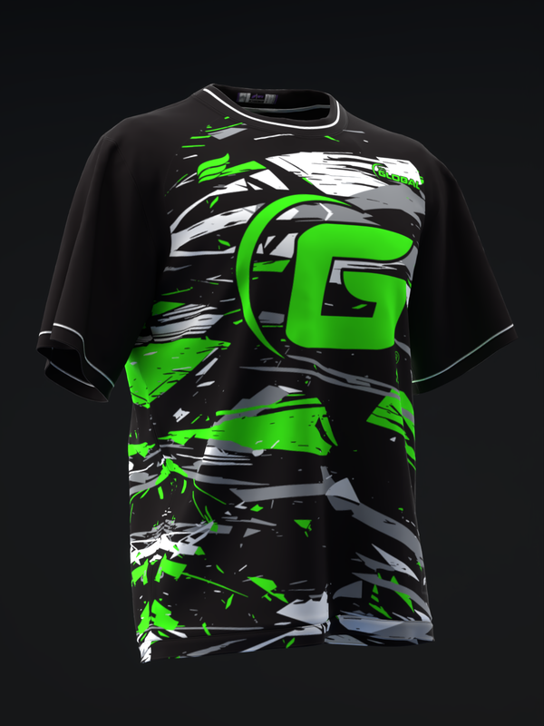 Black bowling jersey with neon green graphic design and white accents, front view