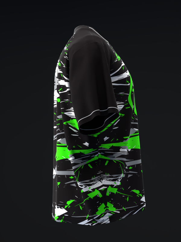 Black bowling jersey with neon green and white abstract geometric pattern, back view