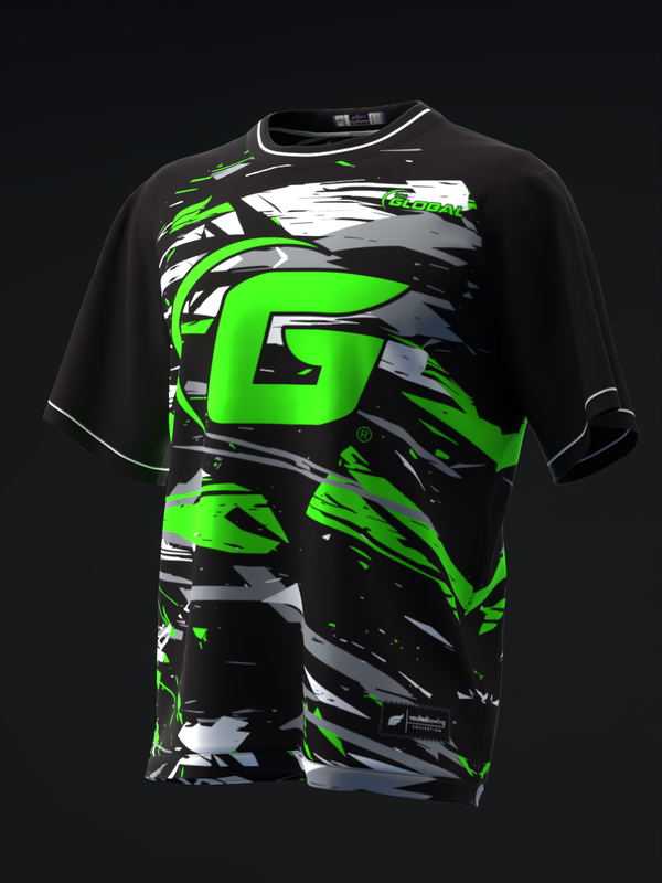Black bowling jersey with bright green and white graphic design on front