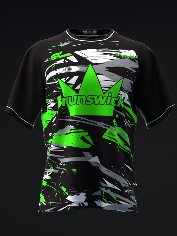 Black bowling jersey with neon green Brunswick crown logo and abstract striped pattern