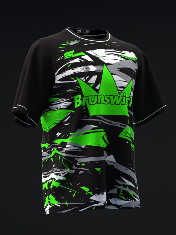 Black bowling jersey with neon green, white, and gray abstract graphic design and Brunswick logo