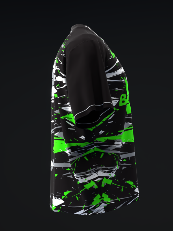 Black bowling jersey with bright green, white, and gray abstract graphic design, back view