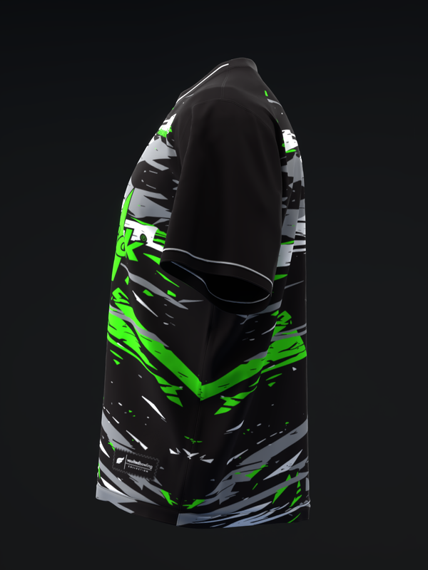 Black bowling jersey with neon green and gray abstract graphic pattern, back view