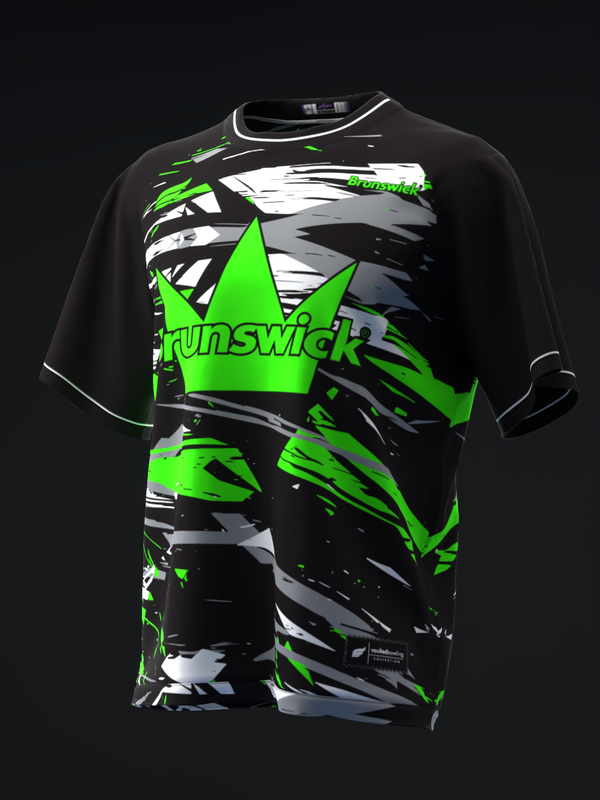 Black bowling jersey with neon green crown logo and abstract striped pattern, front view