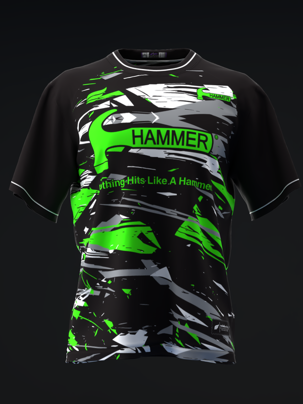 Black bowling jersey with neon green and gray abstract graphic and Hammer branding, front view