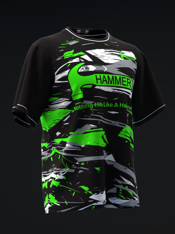 Black bowling jersey with neon green and white graphic design and Hammer branding, front view