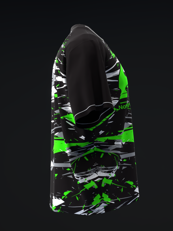 Black bowling jersey with neon green, white, and gray abstract geometric pattern, back view