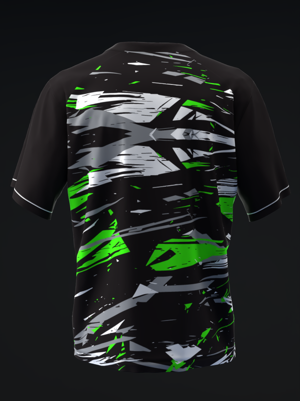 Black bowling jersey with neon green, white, and gray abstract streaked graphic on front