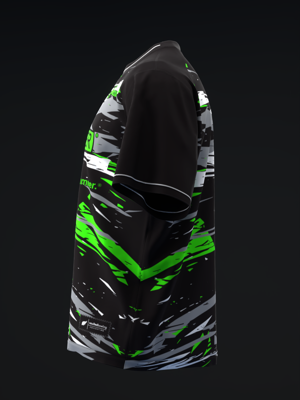 Black bowling jersey with neon green and white abstract stripe design, back view