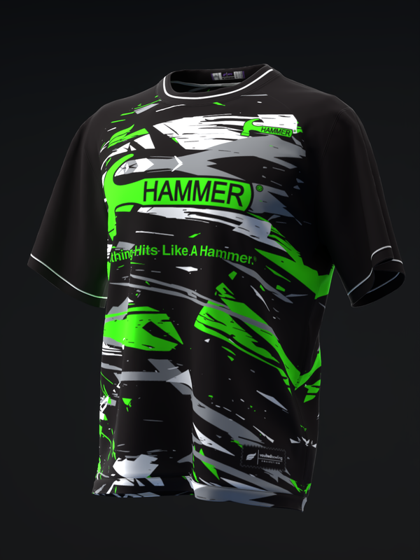 Black bowling jersey with neon green and white graphic design and Hammer branding, front view