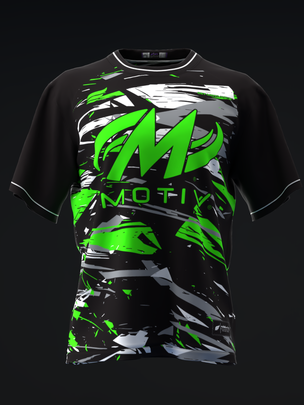 Black bowling jersey with neon green and white abstract graphic design front view
