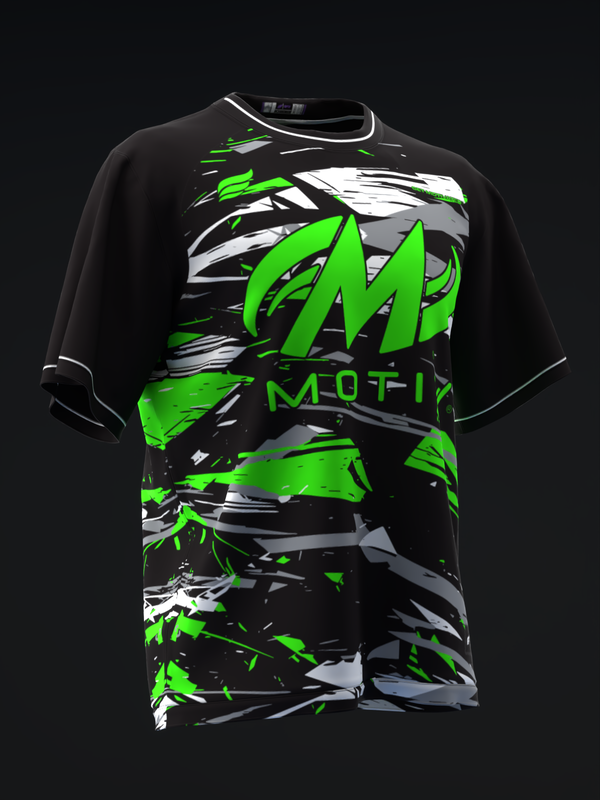 Black bowling jersey with neon green and white abstract graphic design, front view