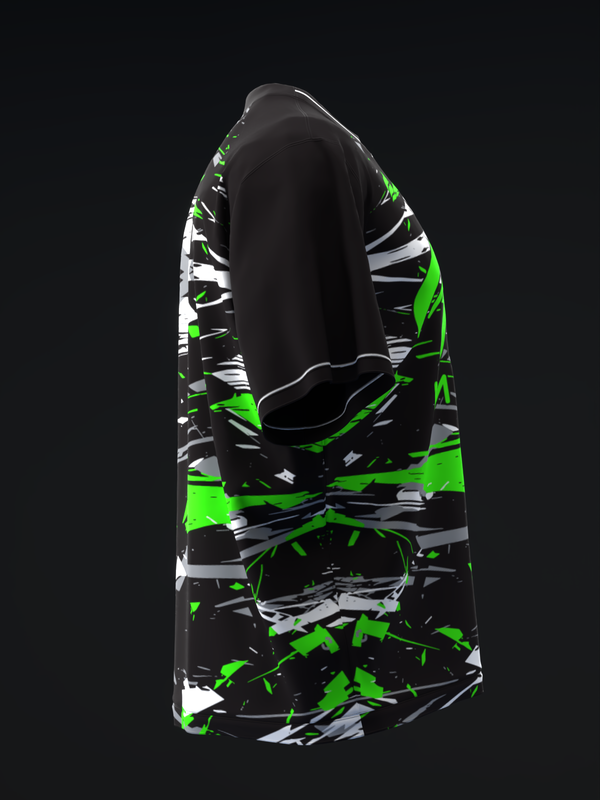 Black bowling jersey with neon green and white abstract geometric pattern, back view