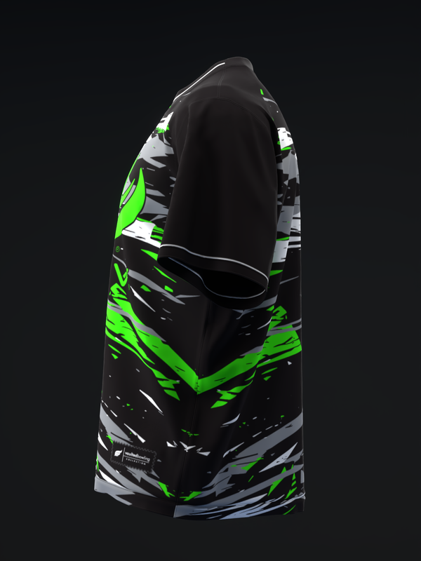 Black bowling jersey with neon green and white abstract graphic pattern, side view