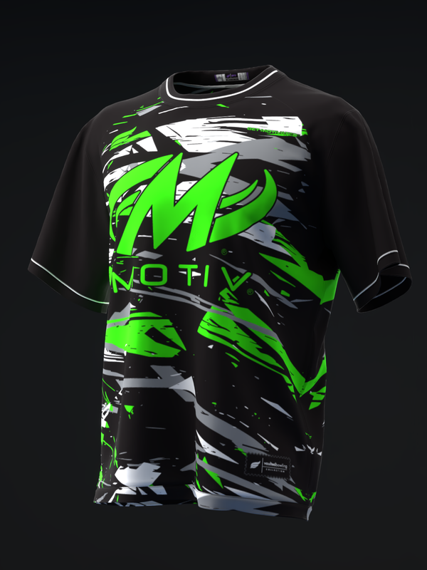 Black bowling jersey with neon green and white graphic design, front view