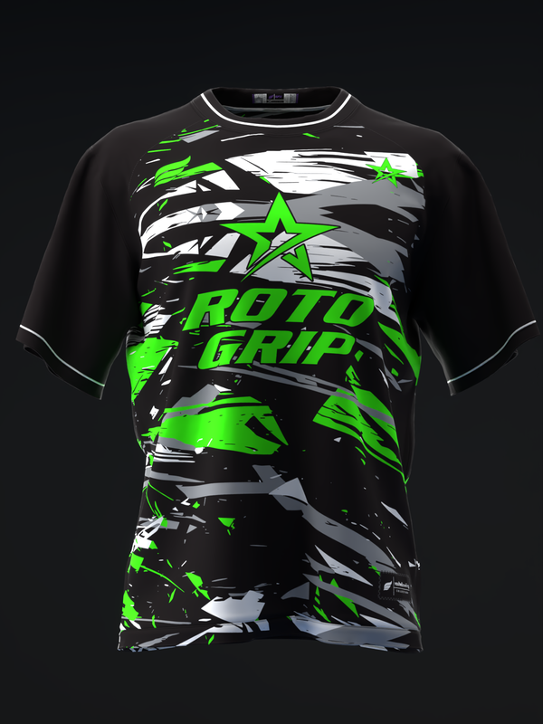 Black bowling jersey with neon green and gray abstract graphic and Roto Grip text