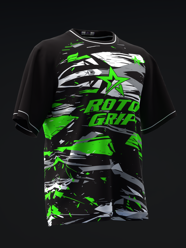 Black bowling jersey with neon green and white abstract graphic design and text