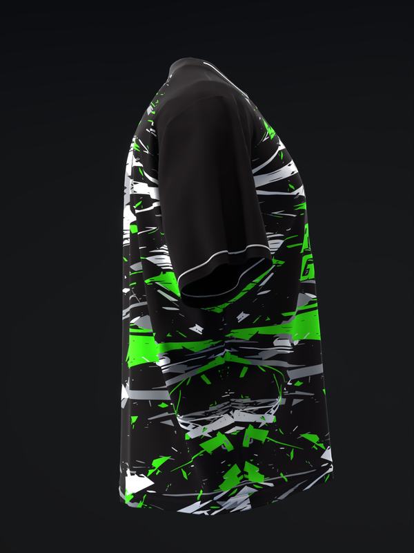 Black bowling jersey with neon green and white abstract geometric pattern, back view